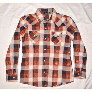 Cruel Girls Western Plaid Snap Shirt M/8 Orange Blue Long Sleeve Cowgirl